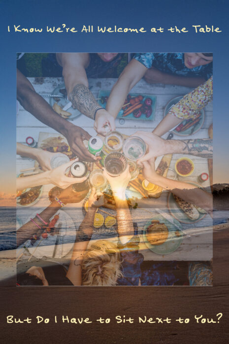 Aerial view of diverse hands clinking beverage together